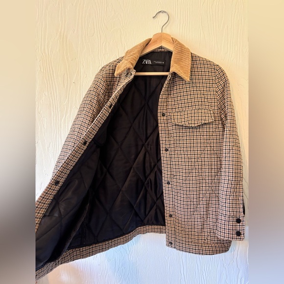 Zara Plaid Quilted Corduroy Collar Tan Cream Black Button Down Jacket Shacket - Picture 12 of 14